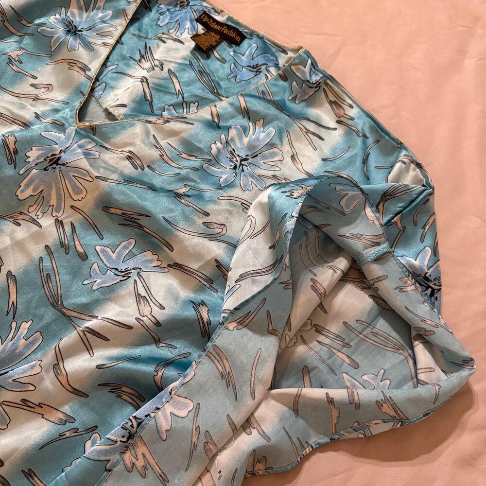 Vintage Up2Date Fashion Blue Floral Satin Kaftan Muumuu One Size - Picture 6 of 9